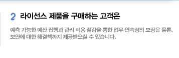 2. 라이선스 제품을 구매하는 고객은 예측 가능한 예산 집행과 관리 비용 절감을 통한 업무 연속성의 보장은 물론, 보안에 대한 해결책까지 제공받으실 수 있습니다.