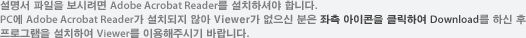 설명서 파일을 보시려면 Adobe Acrobat Reader를 설치하셔야 합니다. PC에 Adobe Acrobat Reader가 설치되지 않아 Viewer가 없으신 분은 좌측 아이콘을 클릭하여 Download를 하신 후 프로그램을 설치하여 Viewer를 이용해주시기 바랍니다.