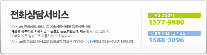 안철수연구소 전화상담서비스 중 기술상담센터와 등록상담센터는 제품을 등록하고 사용기간이 유효한 유료회원님께 제공해 드리고 있으며, 아래와 같은 방법으로 이용하실 수 있습니다. 연구소의 제품을 정식으로 등록하지 않으신 경우에는 [1:1 상담]을 이용해주시기 바랍니다.