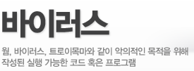 바이러스 - 웜,바이러스,트로이목마와 같이 악의적인 목적을 위해 작성된 실행 가능한 코드 혹은 프로그램