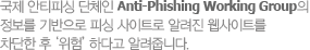 국제 안티피싱 단체인 Anti-Phishing Working Group의 정보를 기반으로 피싱 사이트로 알려진 웹사이트를 차단한 후‘위험’하다고 알려줍니다.