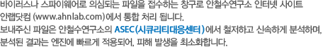 바이러스나 스파이웨어로 의심되는 파일을 접수하는 창구로 안철수연구소 인터넷 사이트 안랩닷컴 (www.ahnlab.co.kr)에서 통합 처리 됩니다.보내주신 파일은 안철수연구소의 ASEC(시큐리티대응센터)에서 철저하고 신속하게 분석하며, 분석된 결과는 엔진에 빠르게 적용되어, 피해 발생을 최소화합니다.